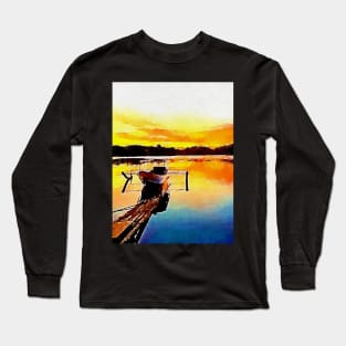 Colorful Sunset Fishing boat painting Long Sleeve T-Shirt